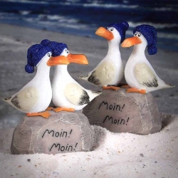 2 Möwen-Paare auf Stein "Moin Moin" je ca. 11 x 7 x 3 cm