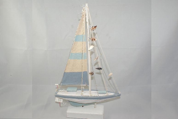 Lichterkette 44cm Holz Textil Türkis-Weiss Deko Segelboot mit LED 