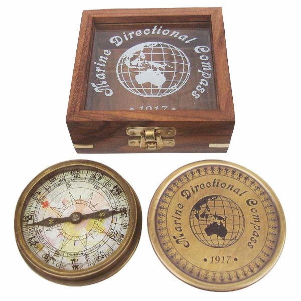 Antik maritimer Kompass Ø: 7,5 cm mit Holzbox